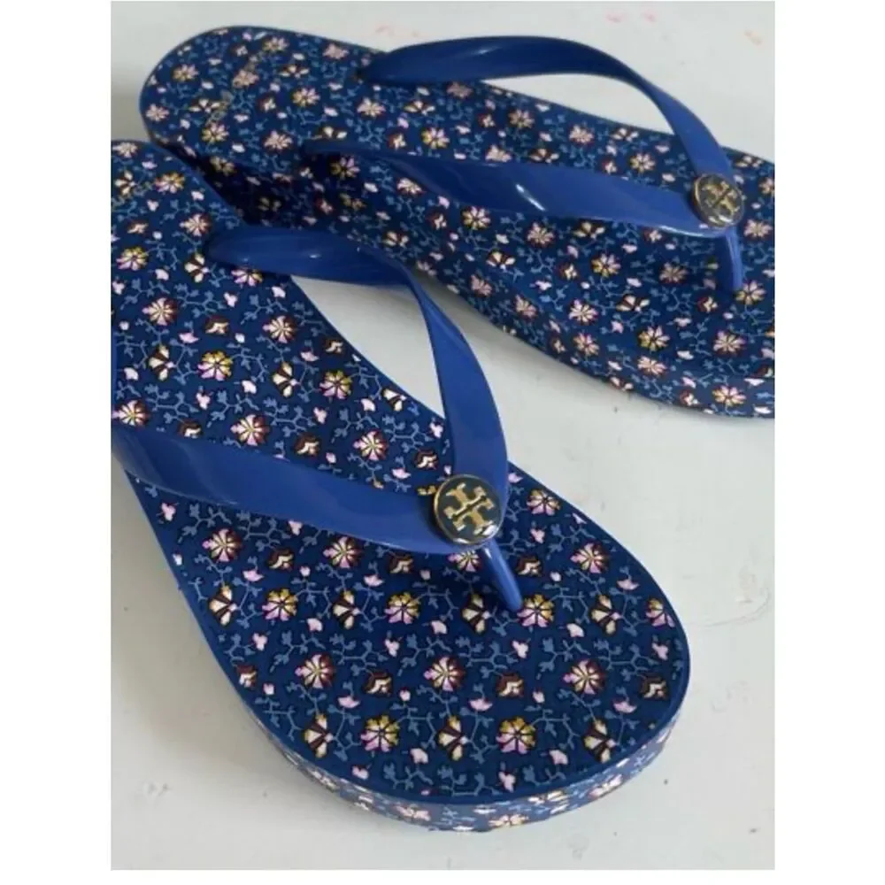 Tory Burch Navy Floral Logo Flip Flop with Gold Emblem